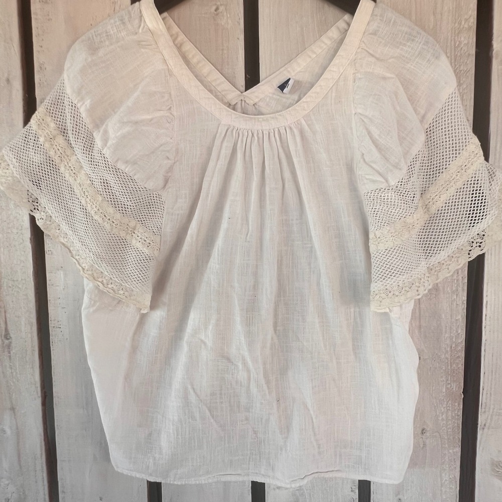 Old Navy Blouse Women Large Off-White Good Lace Trim Flutter Sleeve Boho Top